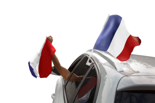 Fan with French flag celebrating in car on transparent background - Powered by Adobe