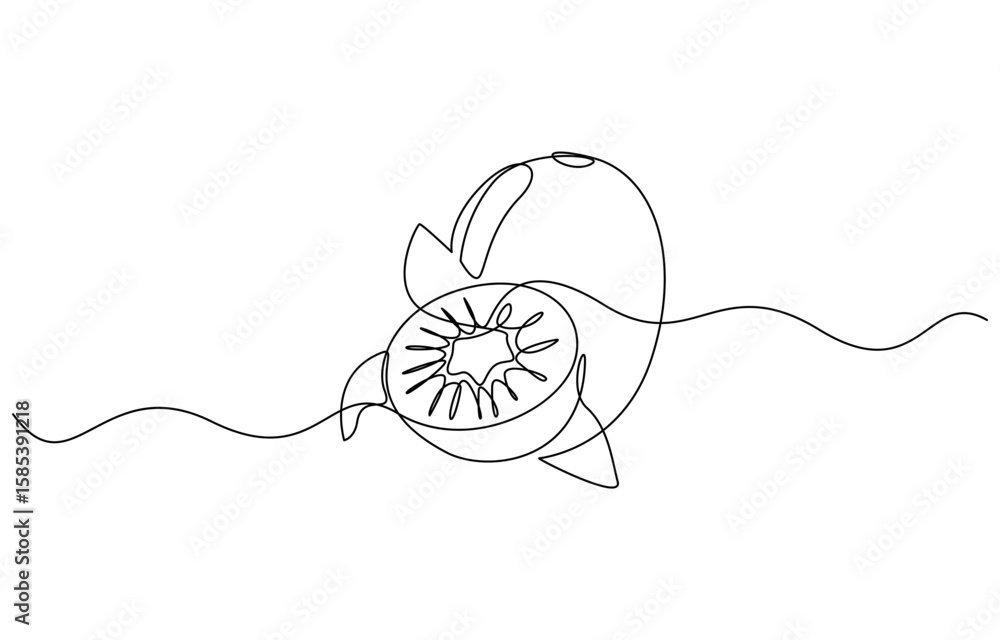 Poster kiwi fruit whole and a half in continuous line art drawing style, continuous line drawing of kiwi. m