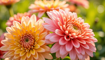 Fototapeta premium Colorful dahlia flowers blooming in garden during sunny day 