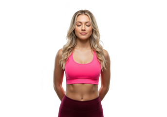 A young blonde woman with her eyes closed is meditating in a pink sports bra isolated on transparent background