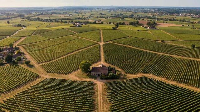 Aerial View of Lush Vineyards in Rolling Countryside Landscape