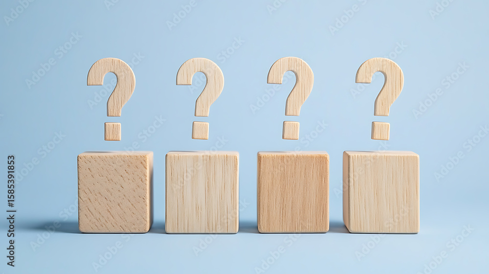Poster wooden blocks and question marks: a minimalist composition of four wooden blocks each topped with a 