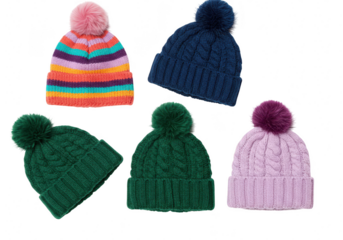 A collection of colorful knitted winter hats with pom poms are displayed on a transparent background