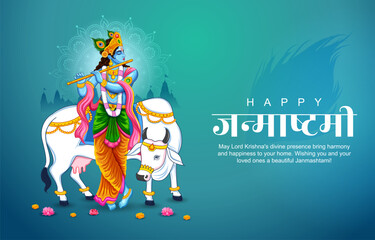 Lord Krishna in the religious festival background of India for Shri Krishna Janmashtami celebration