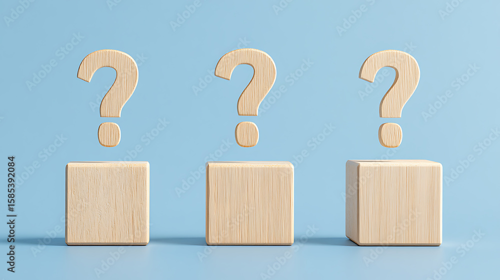 Poster three wooden blocks each topped with a question mark hovering above, set against a light blue backgr