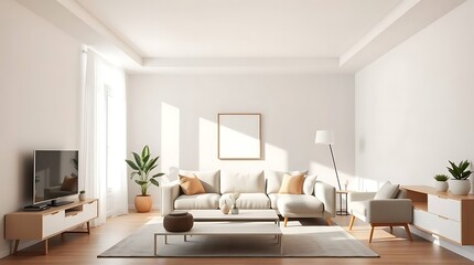 Fototapeta premium A modern minimalist living room interior with sofa, coffee table, indoor plants, bookshelf, and large window, flat vector style, neutral tones, clean design