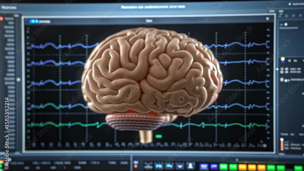 Poster parkinson concept ,detailed view of brain model screen showcasing brainwave patterns and neurologica