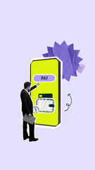 Financial collage with business character pressing pay button on oversized smartphone with wallet...