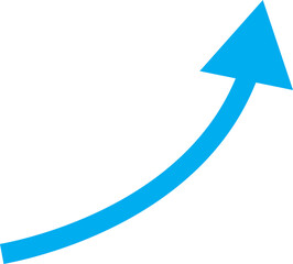 Bright blue arrow curves upwards on white background