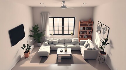 Fototapeta premium A modern minimalist living room interior with sofa, coffee table, indoor plants, bookshelf, and large window, flat vector style, neutral tones, clean design