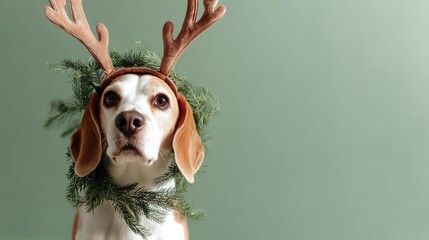 Adorable Beagle Dog Wearing Reindeer Antlers and Festive Wreath for Christmas Holidays