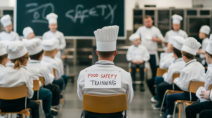 Culinary students learn vital food safety practices in a training session, ensuring safe and hygienic food preparation techniques. Chefs of the future!
