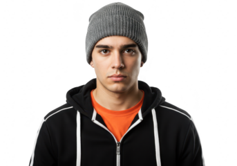 Young man with a beanie and hoodie looks directly at the camera, isolated on transparent background