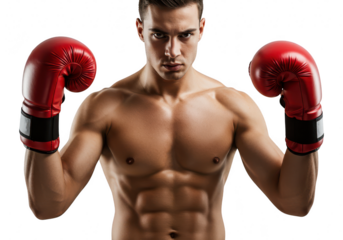 Muscular boxer with red gloves poses aggressively against a transparent background