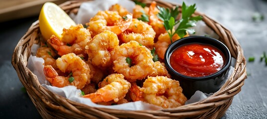 A basket of fried shrimp with cocktail sauce 