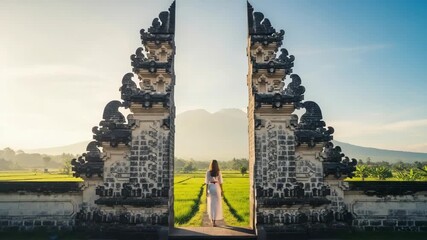 Serene Entrance Through Ancient Balinese Gate with Scenic Landscape