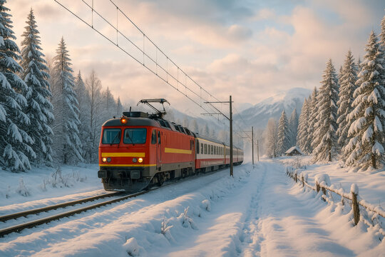 Train traveling through a snowy landscape at sunrise
