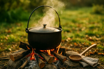 Cooking pot steaming over fire on wooden logs outdoors