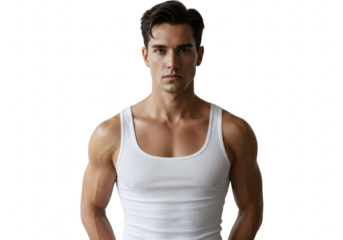 A handsome muscular man in a white tank top is posing isolated on transparent background