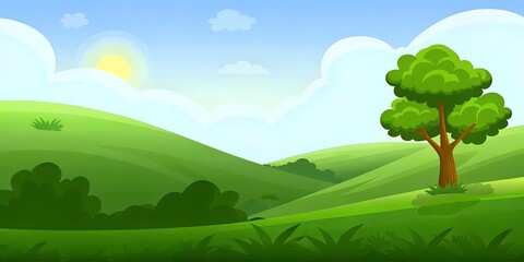 Obraz premium Cartoon Landscape with Green Hills, Tree, and Sunny Sky Illustration