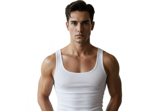 A handsome muscular man in a white tank top is posing isolated on transparent background