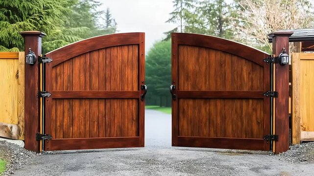 Sturdy wooden double gate with an elegant arched design stands as a welcoming entrance