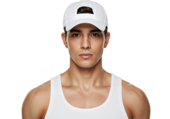 A handsome man in a white tank top and cap is posing isolated on transparent background
