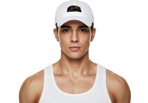 A handsome man in a white tank top and cap is posing isolated on transparent background