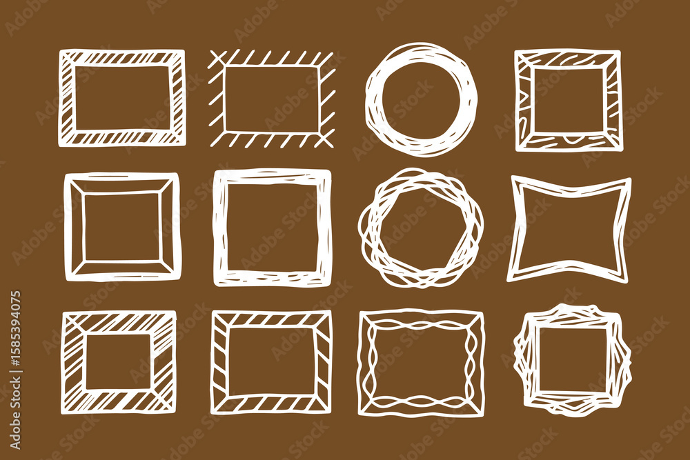 Aufkleber collection of twelve hand drawn white frames and borders in various shapes and styles on a brown bac