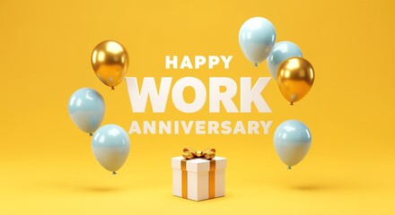 Happy Work Anniversary Gift Celebration with Balloons on Yellow Background Design