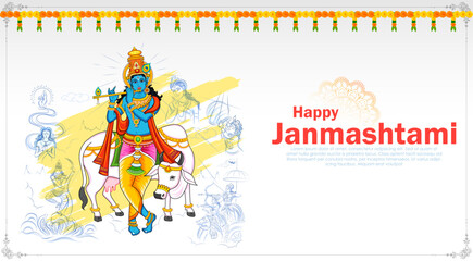 Lord Krishna in the religious festival background of India for Shri Krishna Janmashtami celebration
