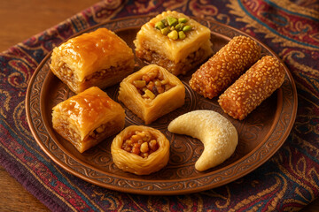 Assorted traditional sweets displayed on an ornate plate