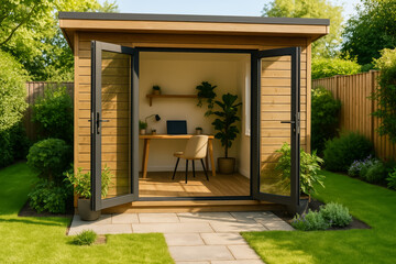 Modern garden office with open doors and green surroundings