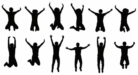 Jumping with Arms Wide Silhouette Set – Energetic and Expressive Poses in Vector Style on White Background

