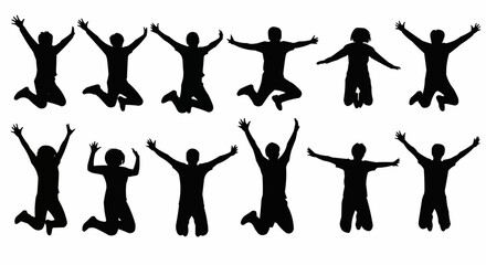 Jumping with Arms Wide Silhouette Set – Energetic and Expressive Poses in Vector Style on White Background

