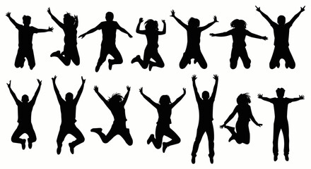 Jumping with Arms Wide Silhouette Set – Energetic and Expressive Poses in Vector Style on White Background

