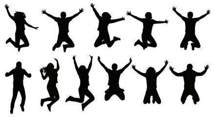 Jumping with Arms Wide Silhouette Set – Energetic and Expressive Poses in Vector Style on White Background

