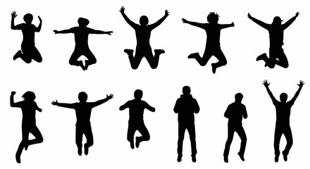 Jumping with Arms Wide Silhouette Set – Energetic and Expressive Poses in Vector Style on White Background

