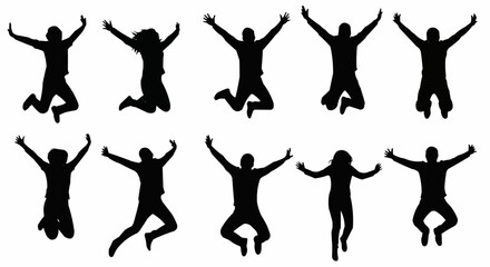 Jumping with Arms Wide Silhouette Set – Energetic and Expressive Poses in Vector Style on White Background

