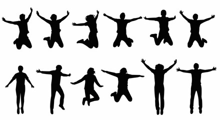 Jumping with Arms Wide Silhouette Set – Energetic and Expressive Poses in Vector Style on White Background

