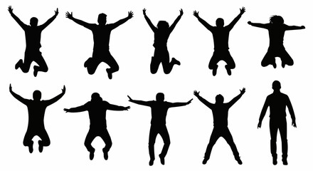 Jumping with Arms Wide Silhouette Set – Energetic and Expressive Poses in Vector Style on White Background

