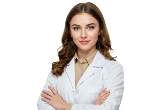A young brunette doctor is standing with her arms crossed and smiling, isolated on transparent background