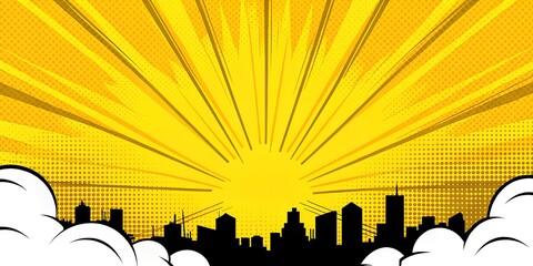 Retro comic pop art city skyline with yellow sunburst and halftone dots
