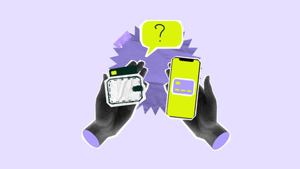 Fintech collage with hands holding wallet and smartphone in question bubble. Concept of payment...