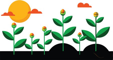 An illustration depicting the stages of plant growth, from seedling to mature plant, often with elements like roots, leaves, and flowers