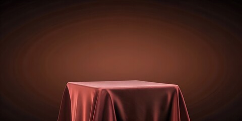 Square presentation podium covered with a draped reddish-brown cloth on a dark background.