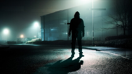 A glitch horror concept Location is a industrial warehouse estate, A mysterious scary figure, standing on a road at night, silhouetted by street lights.