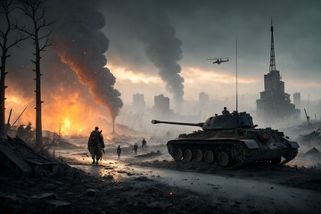 War-torn landscape with tank, soldiers, fire, and helicopter.