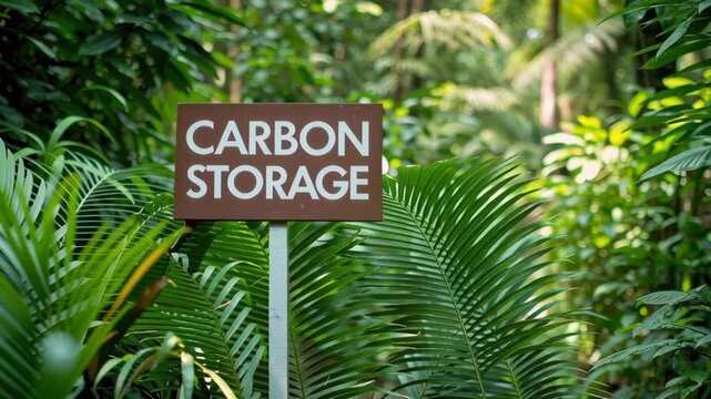 Co2 reduction concept ,Carbon Storage Sign Lush Greenery Highlights Environmental Conservation and Sustainability Tropical