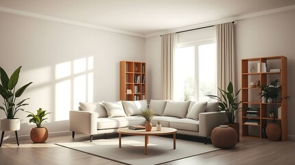 A modern minimalist living room interior with sofa, coffee table, indoor plants, bookshelf, and large window, flat vector style, neutral tones, clean design